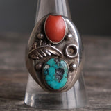 Vintage Sterling Turquoise and Coral Feather Ring 10.5