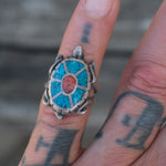Vintage Sterling Turquoise and Coral Turtle Ring 5