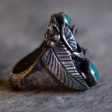 Vintage Sterling 2-Stone Turquoise Feather Blossom Ring 10.75