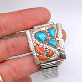 Vintage Sterling 6-Stone Turquoise and Coral Snake Watch Band