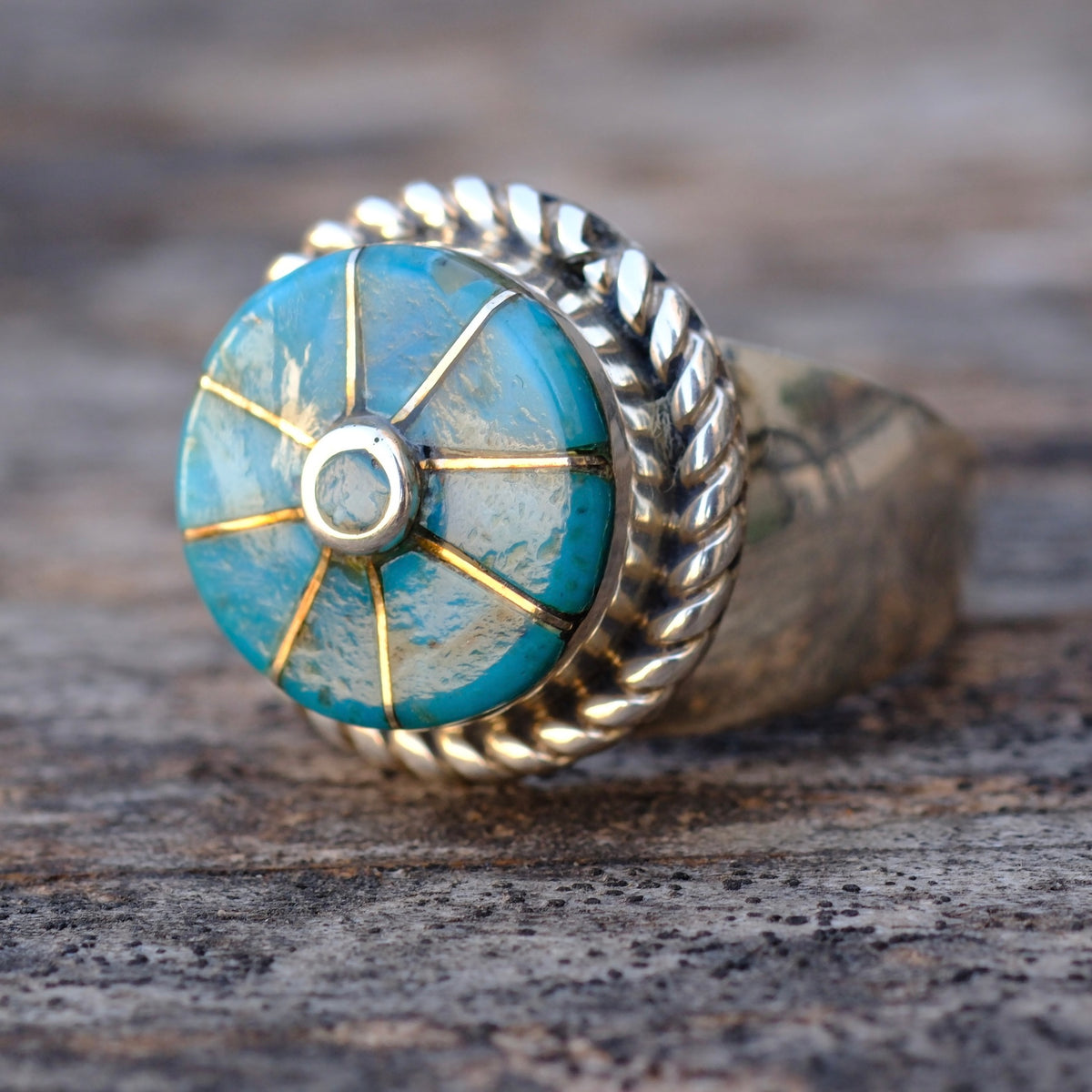 Vintage Sterling Turquoise Inlay Pinwheel Ring 8