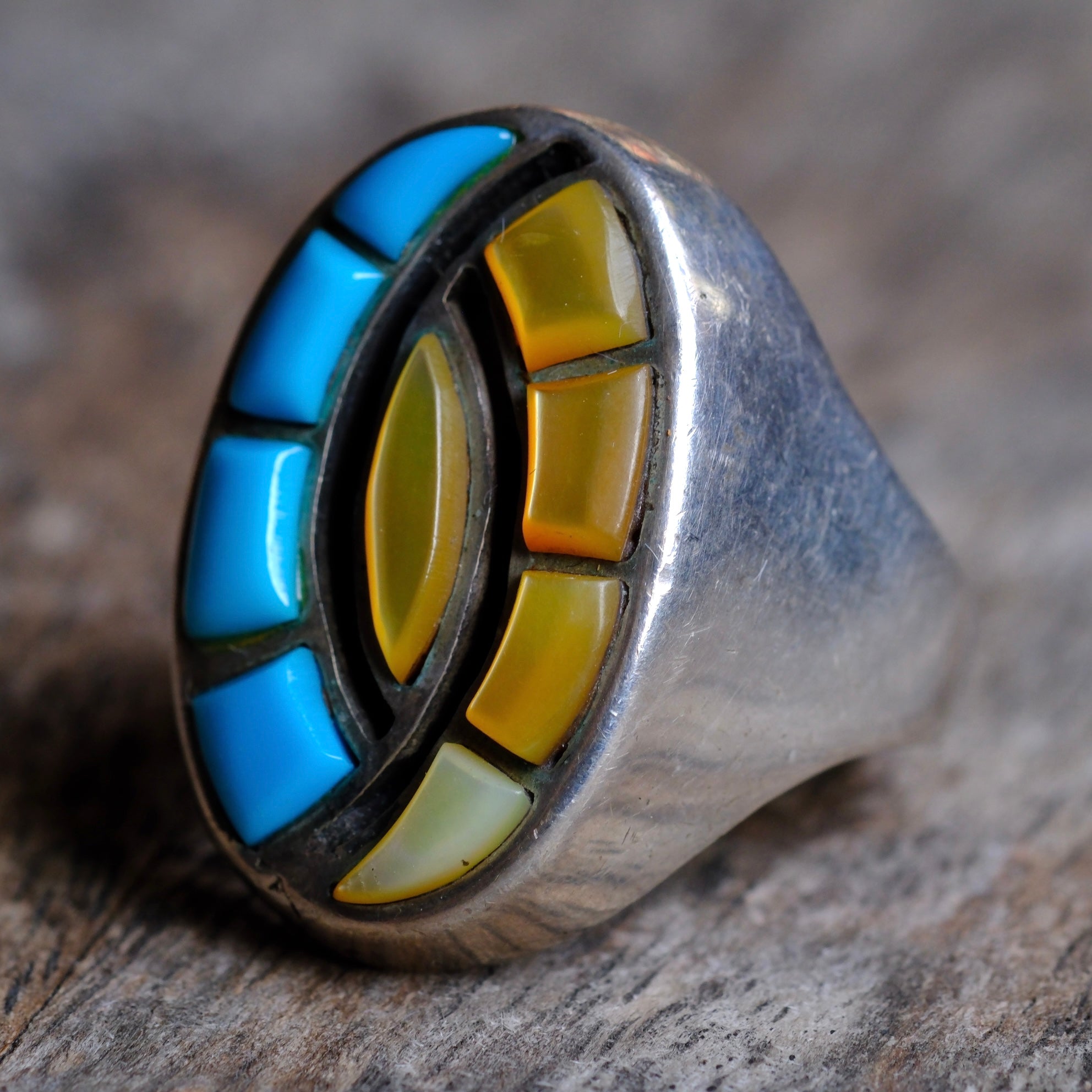 Vintage Sterling Turquoise and Mother Of Pearl Inlay Hummingbird Ring 10.75