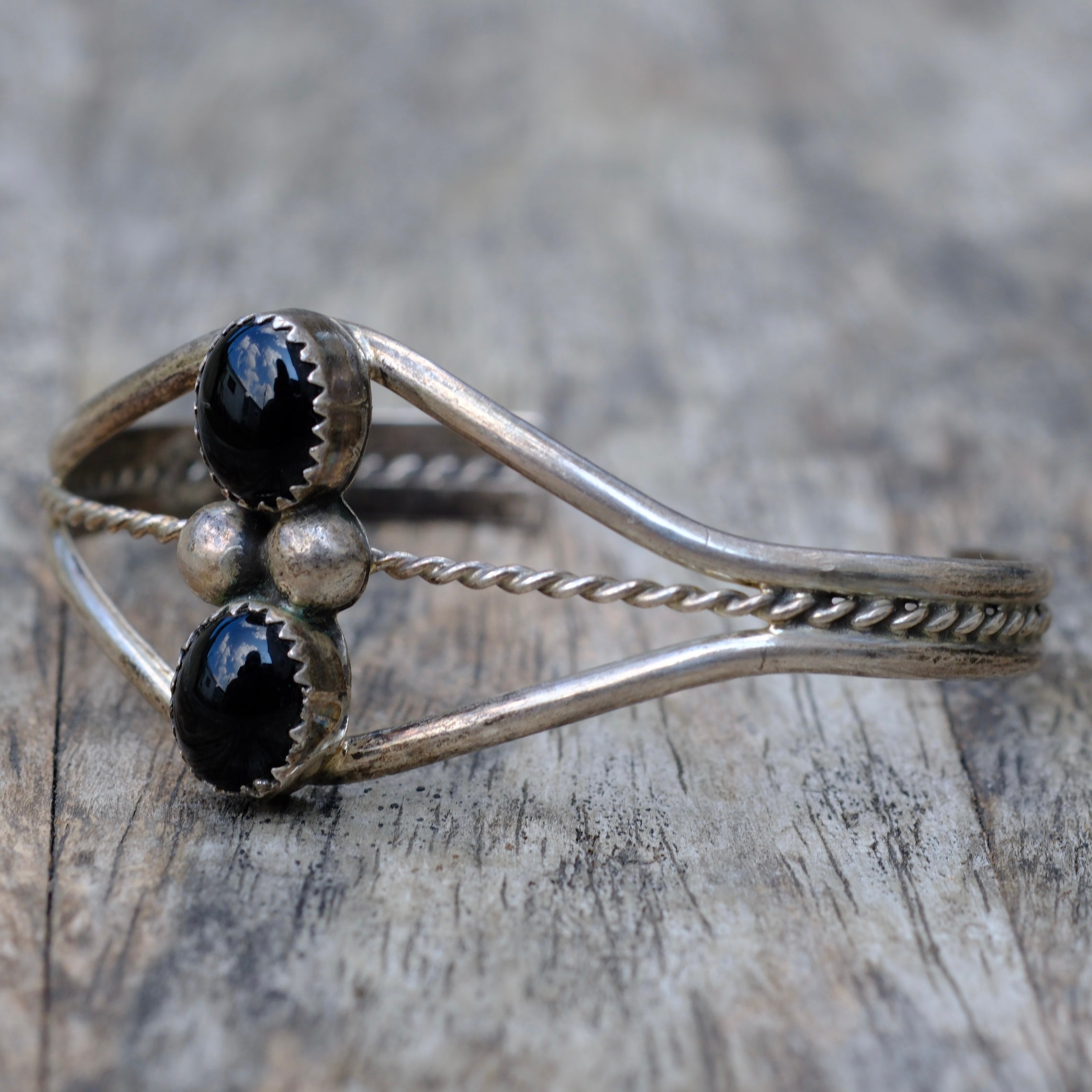 Vintage Sterling 2-Stone Onyx Cuff Bracelet