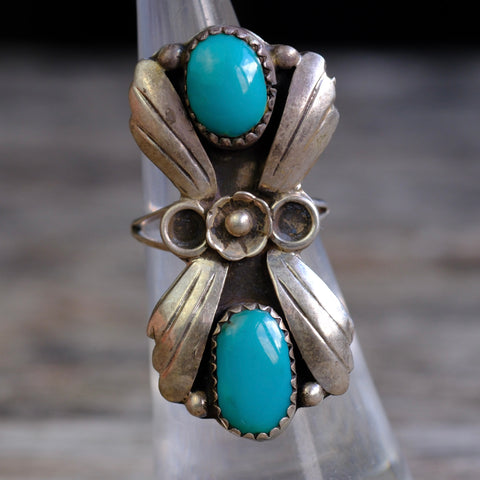 Vintage Sterling 2-Stone Turquoise Feather Ring 4.5