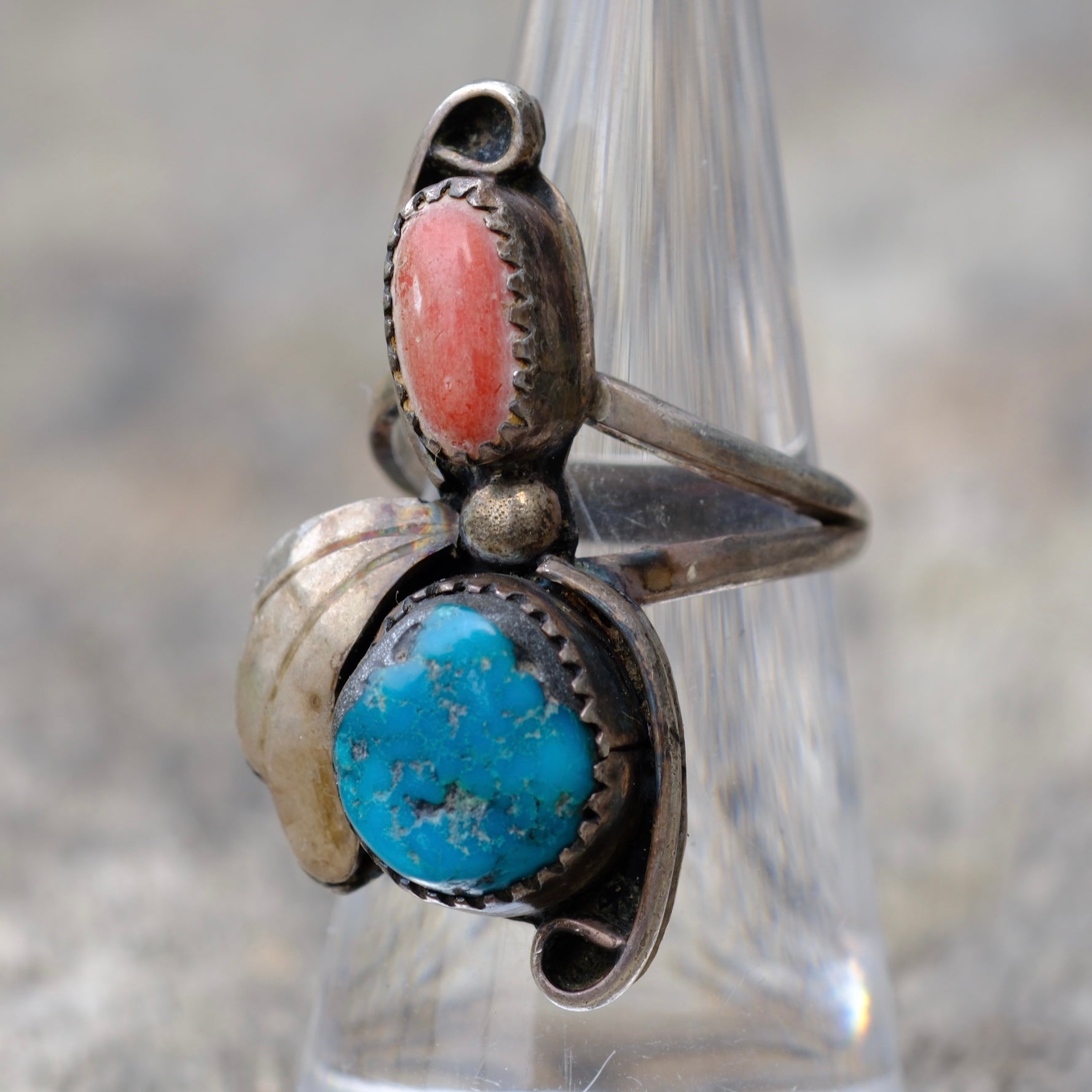 Vintage Sterling Turquoise and Coral Feather Ring 6
