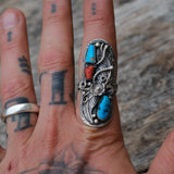 HUGE Vintage Sterling Turquoise and Coral Feather Ring 9.25