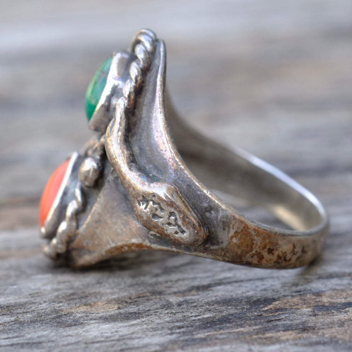 Vintage Sterling Turquoise and Coral Snake Ring 9
