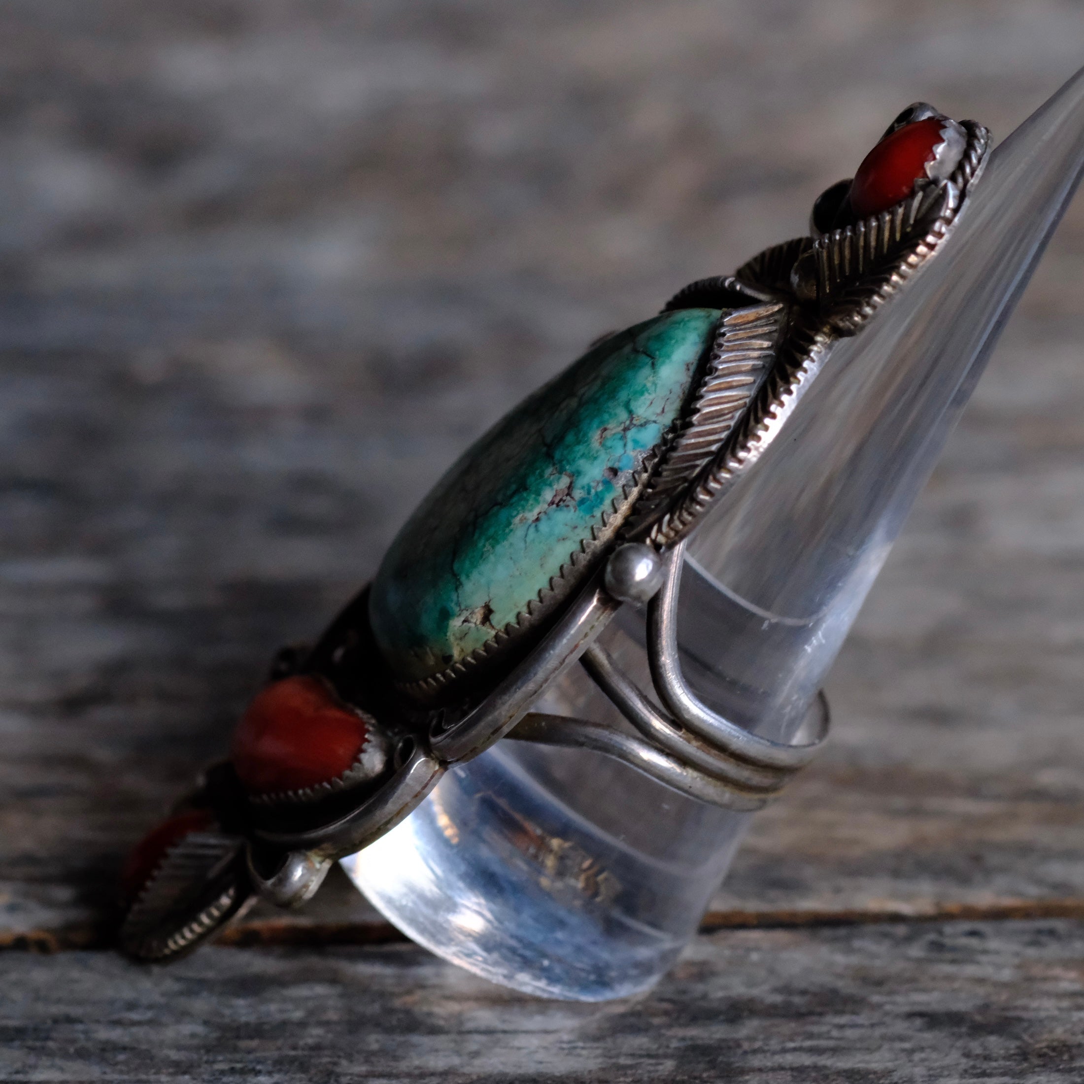 MASSIVE 3" Vintage Sterling Turquoise and Coral Feather Ring 9.5