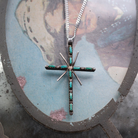 Vintage Sterling Silver Turquoise Cross Necklace