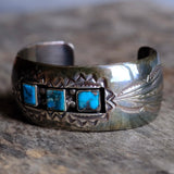 Vintage Sterling 3-Stone Turquoise Stamped Cuff Bracelet