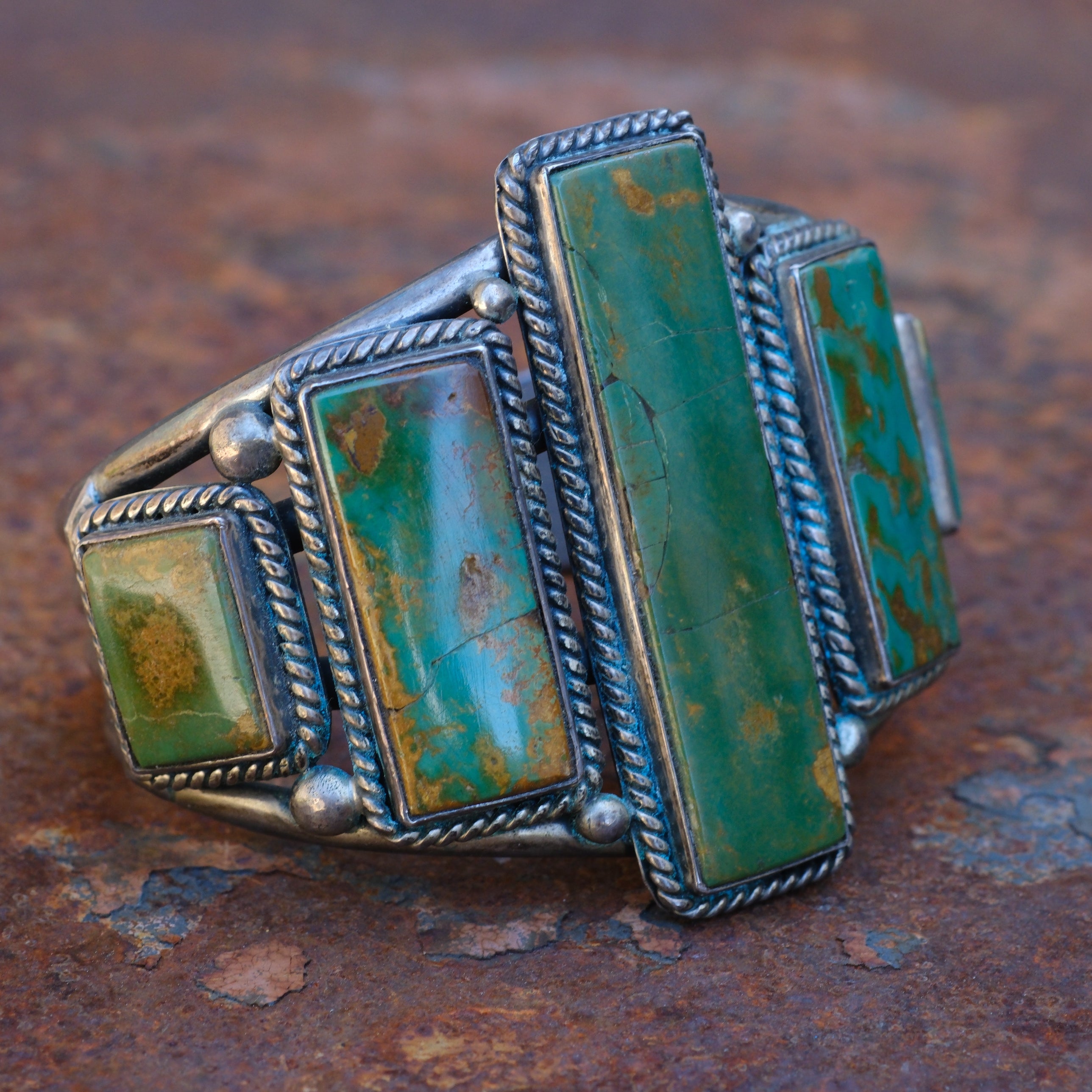 Massive Vintage Sterling 5-Stone Turquoise Roper Cuff Bracelet