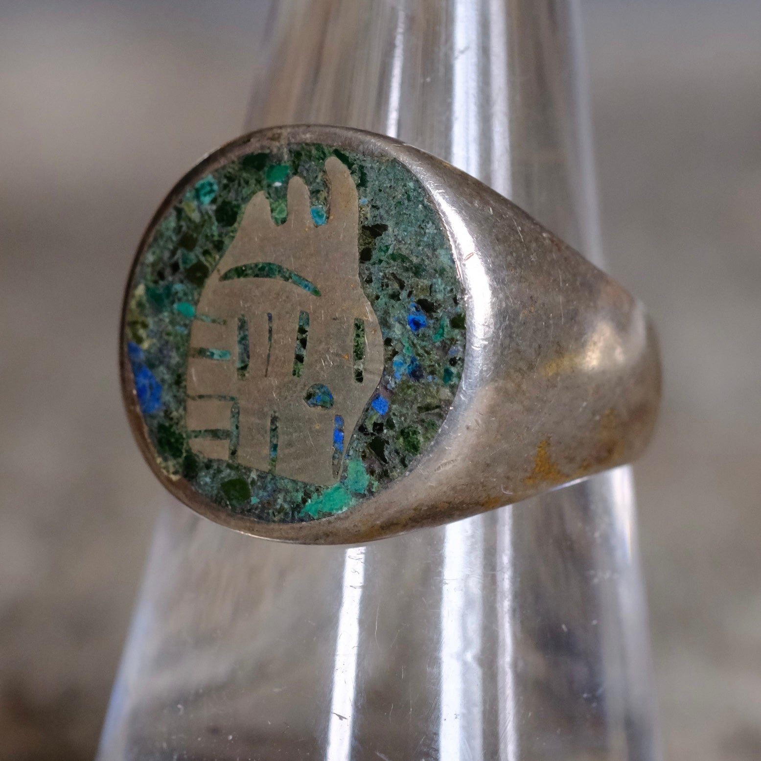 Vintage Sterling Turquoise Inlay Taxco Ring 8.25