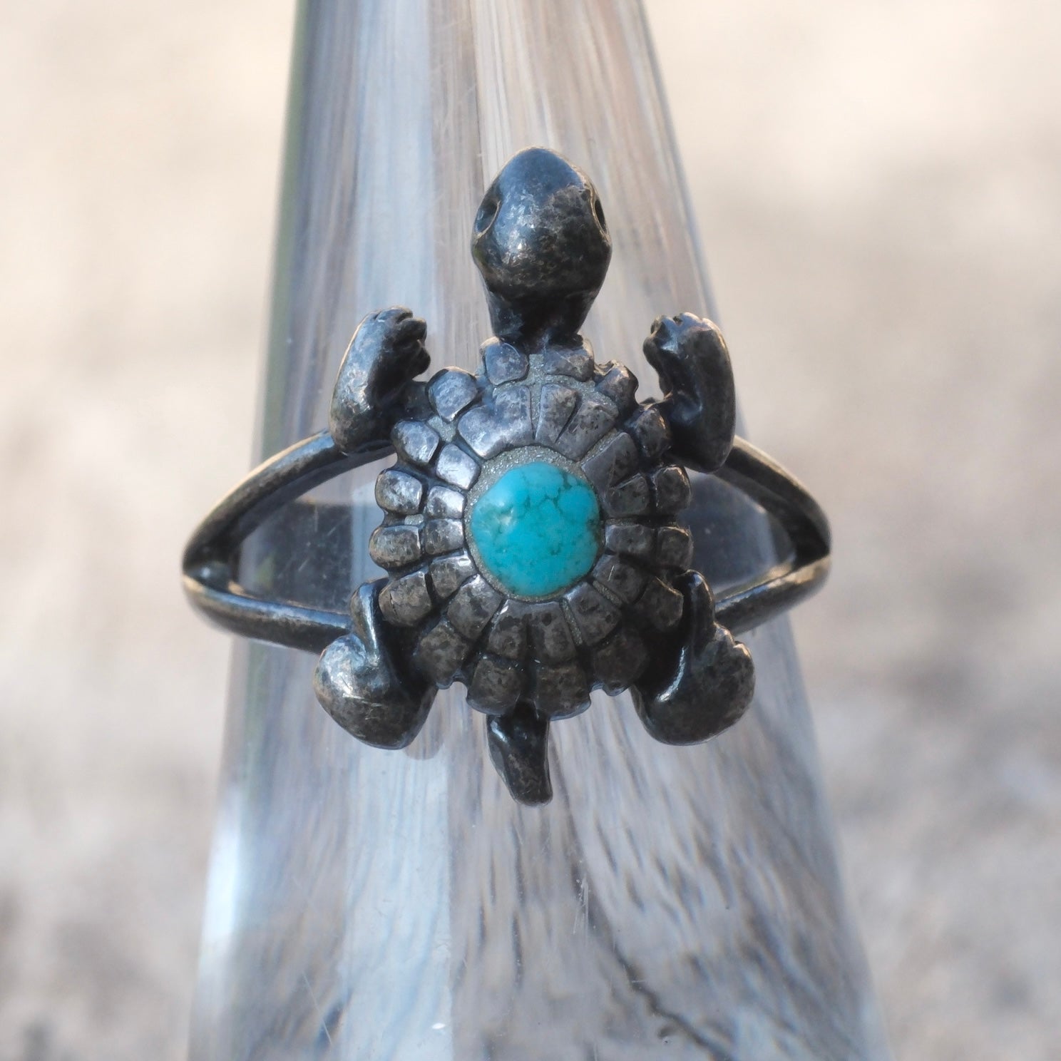 Vintage Sterling Turquoise Turtle Ring 6.25