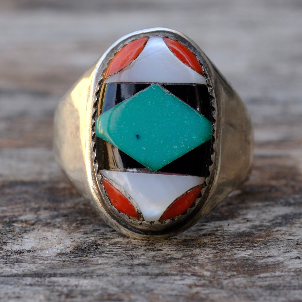 Vintage Sterling Multi Stone Inlay Ring 7