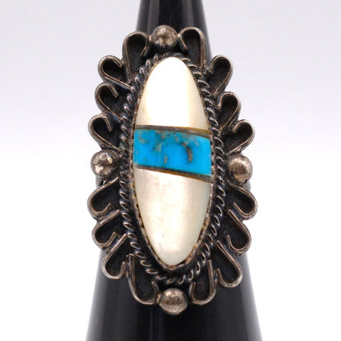 Vintage Sterling Turquoise and Mother Of Pearl Inlay Ring 7