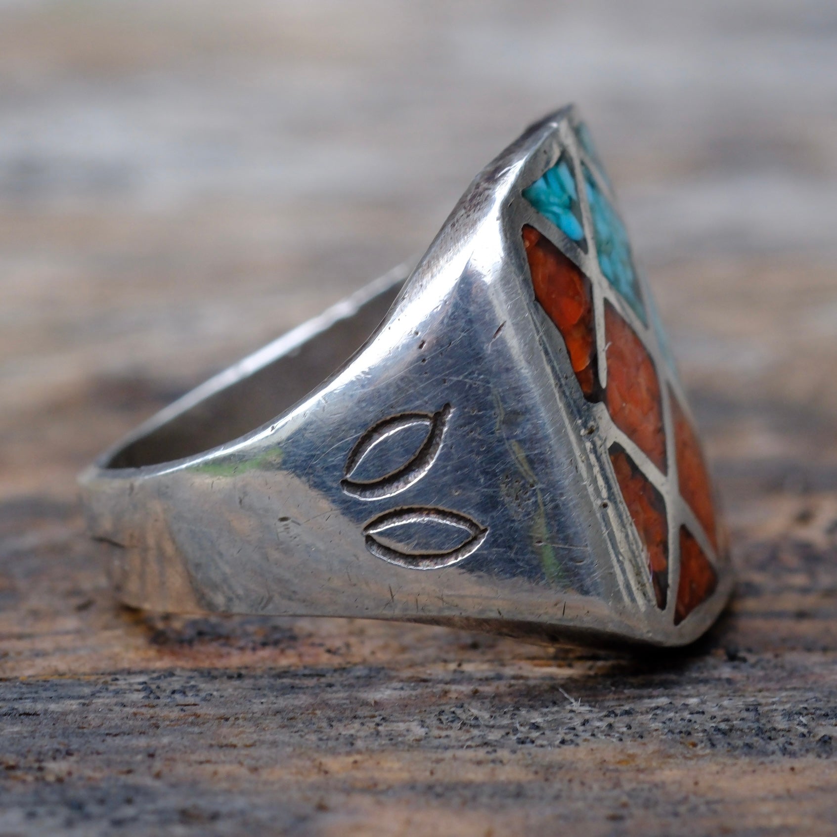 Vintage Sterling Turquoise and Coral Inlay Ring 9
