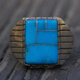 Vintage Sterling Turquoise Inlay Ribbed Band Ring 11