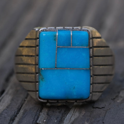 Vintage Sterling Turquoise Inlay Ribbed Band Ring 11