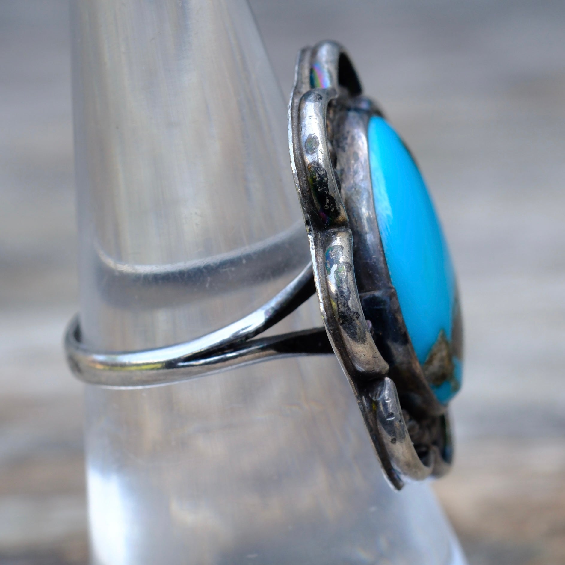 Vintage Sterling Turquoise Florette Ring 7.25