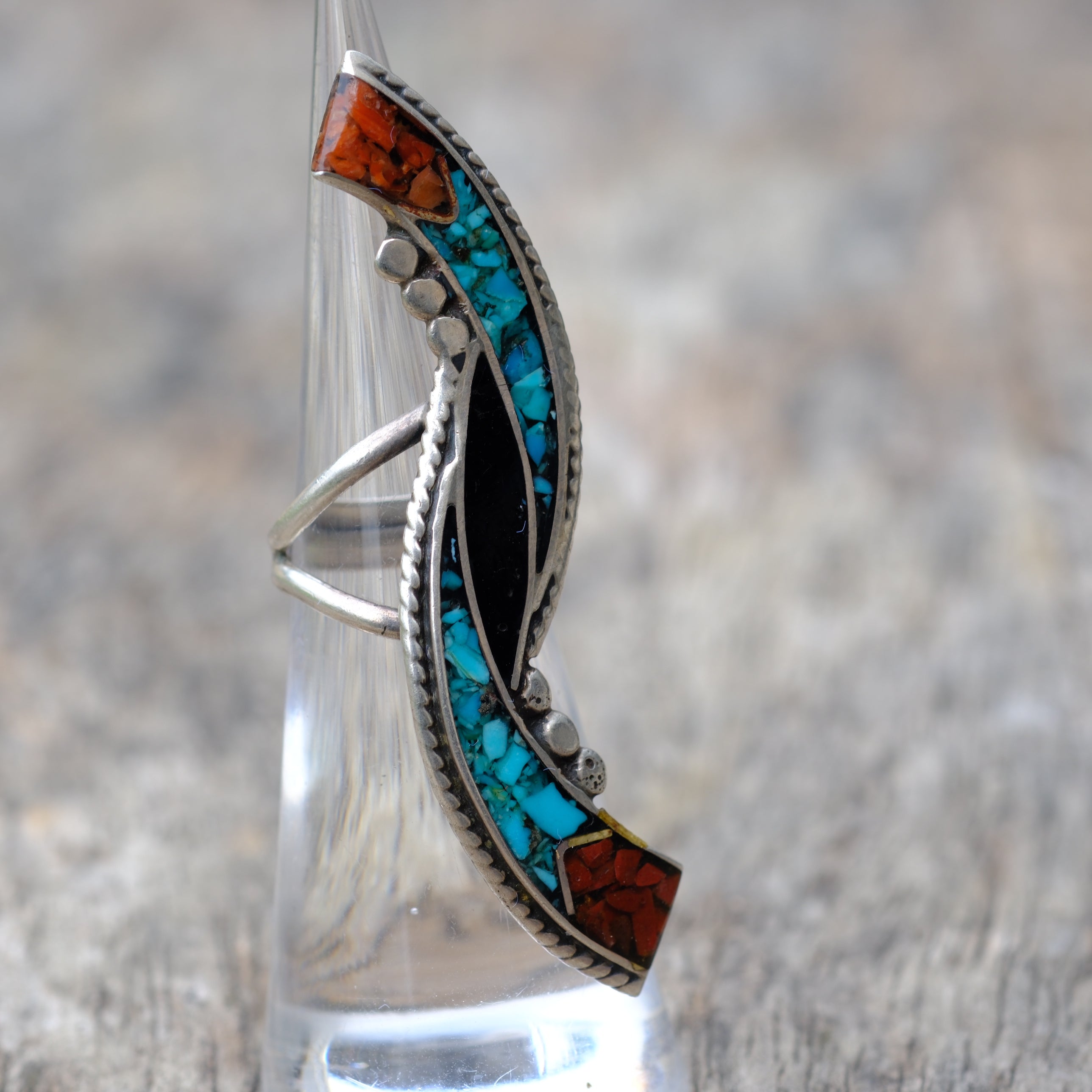 HUGE Vintage Sterling Inlay Ring 3.75