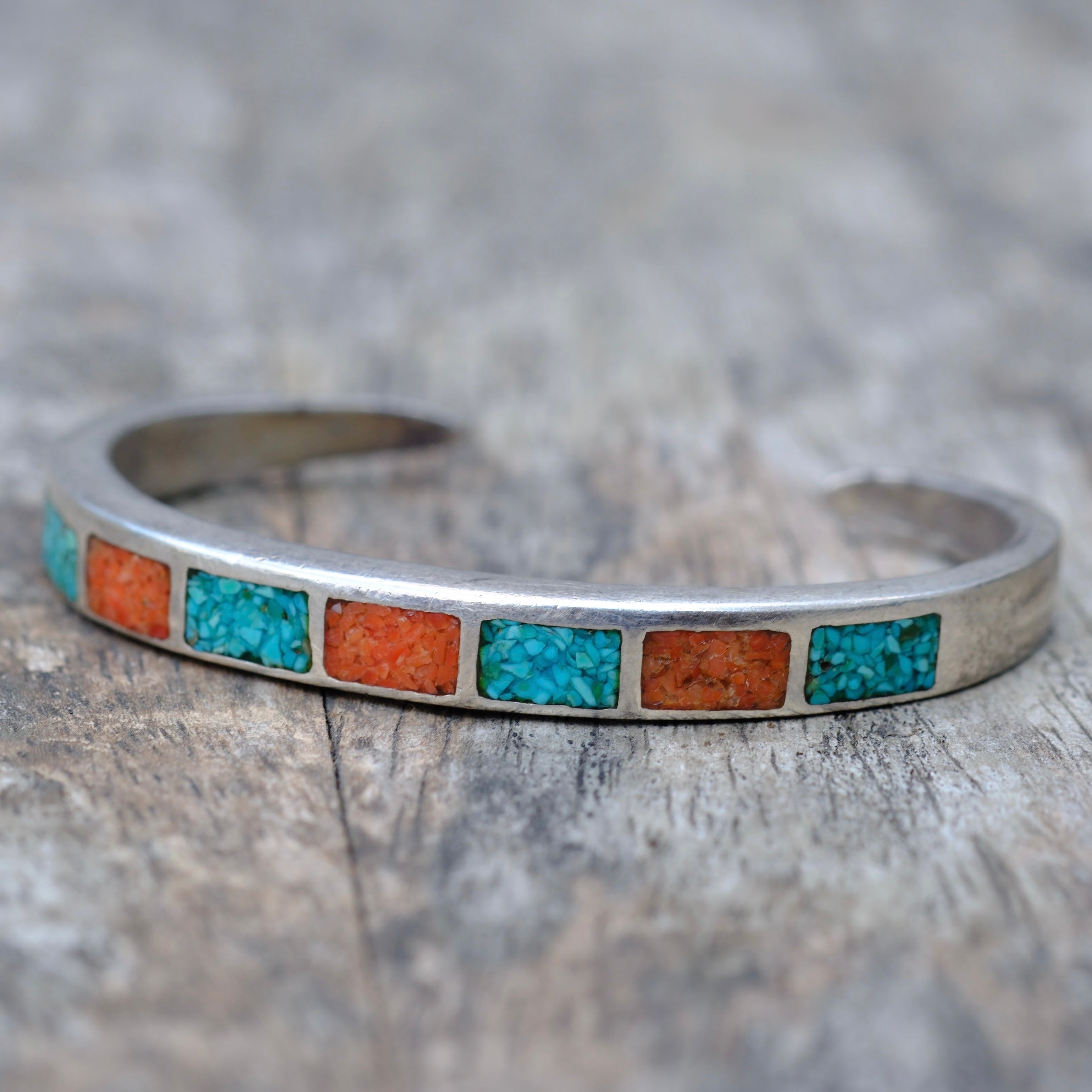 Vintage Sterling Crushed Turquoise and Coral Cuff Bracelet