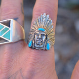 Vintage Sterling Turquoise Big Chief Ring 12
