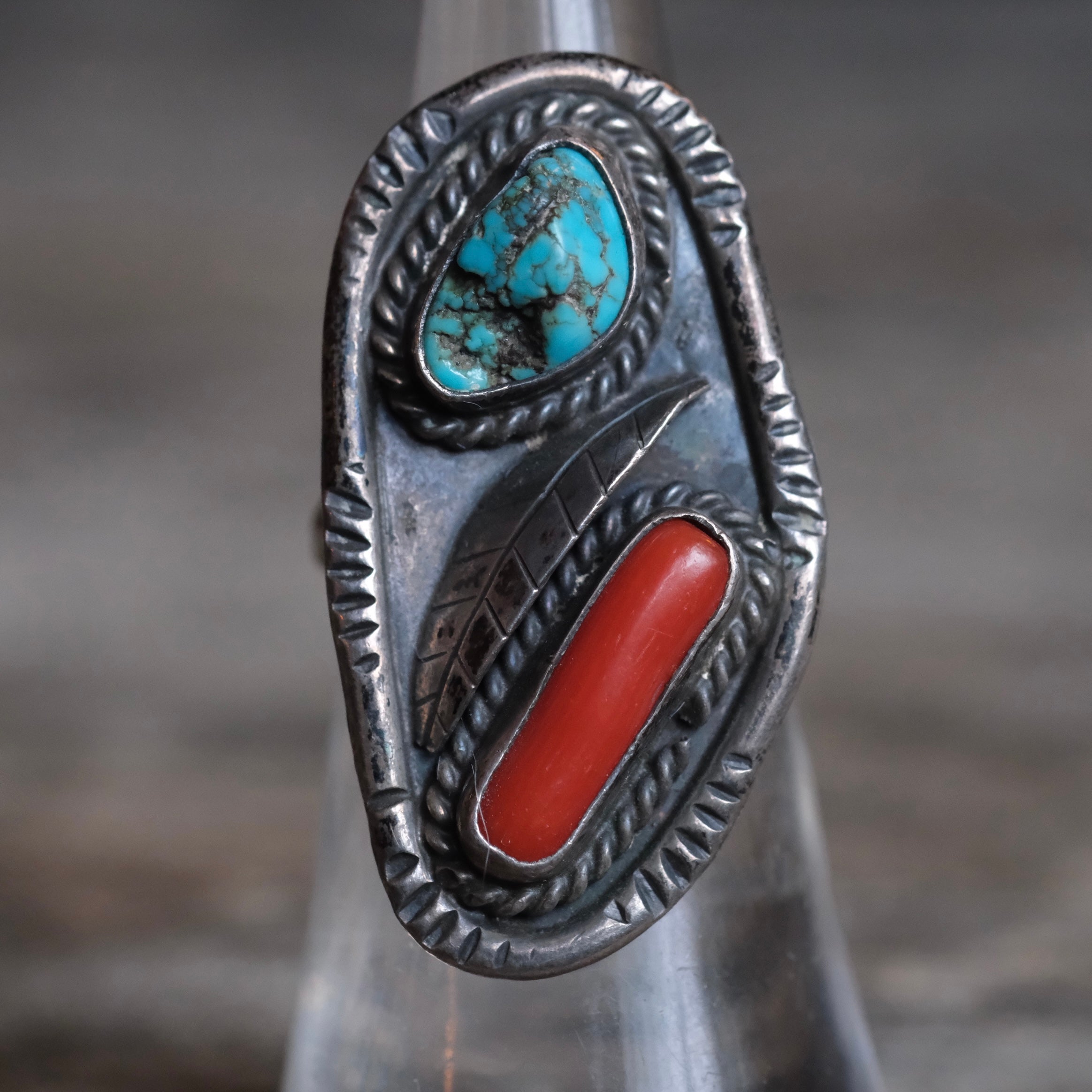 Vintage Sterling Turquoise and Coral Feather Ring 5.75