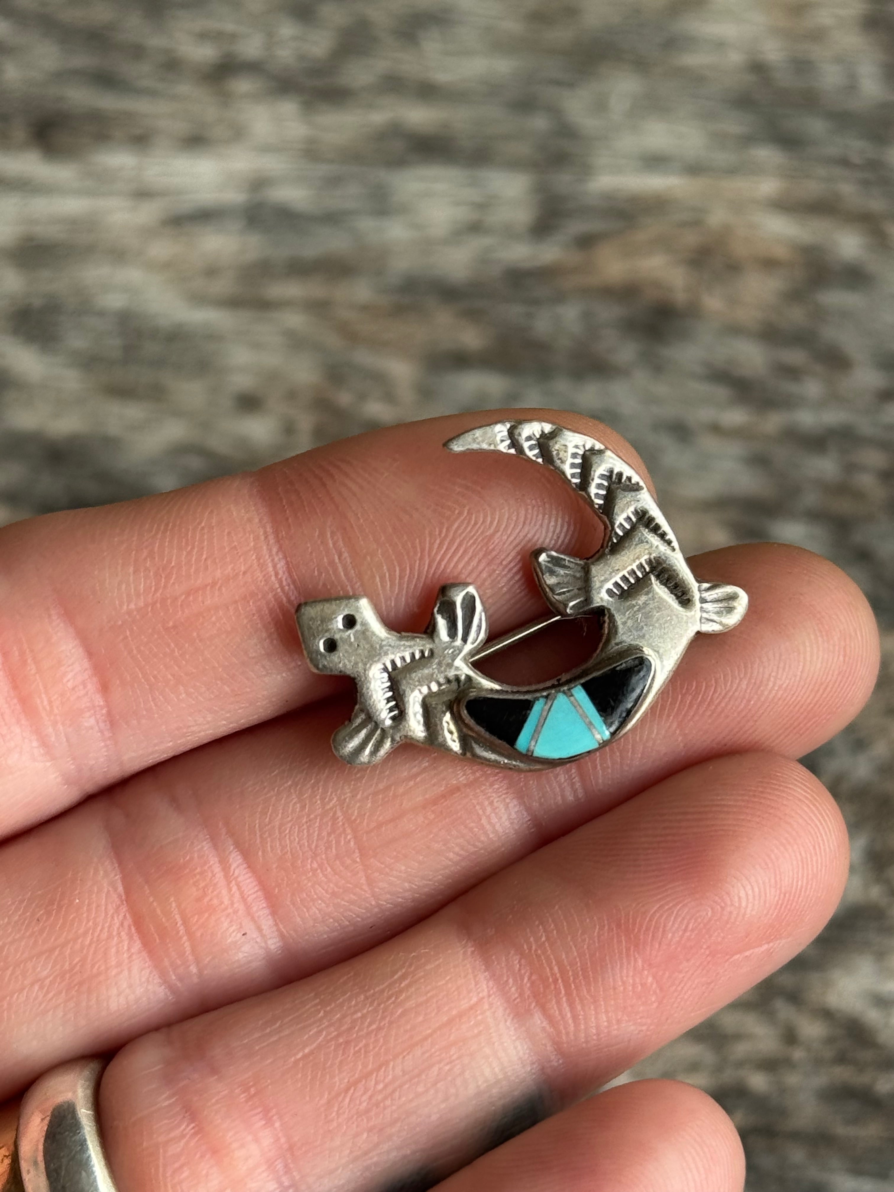 Vintage Sterling Silver Only & Turquoise Inlay Gecko Pin