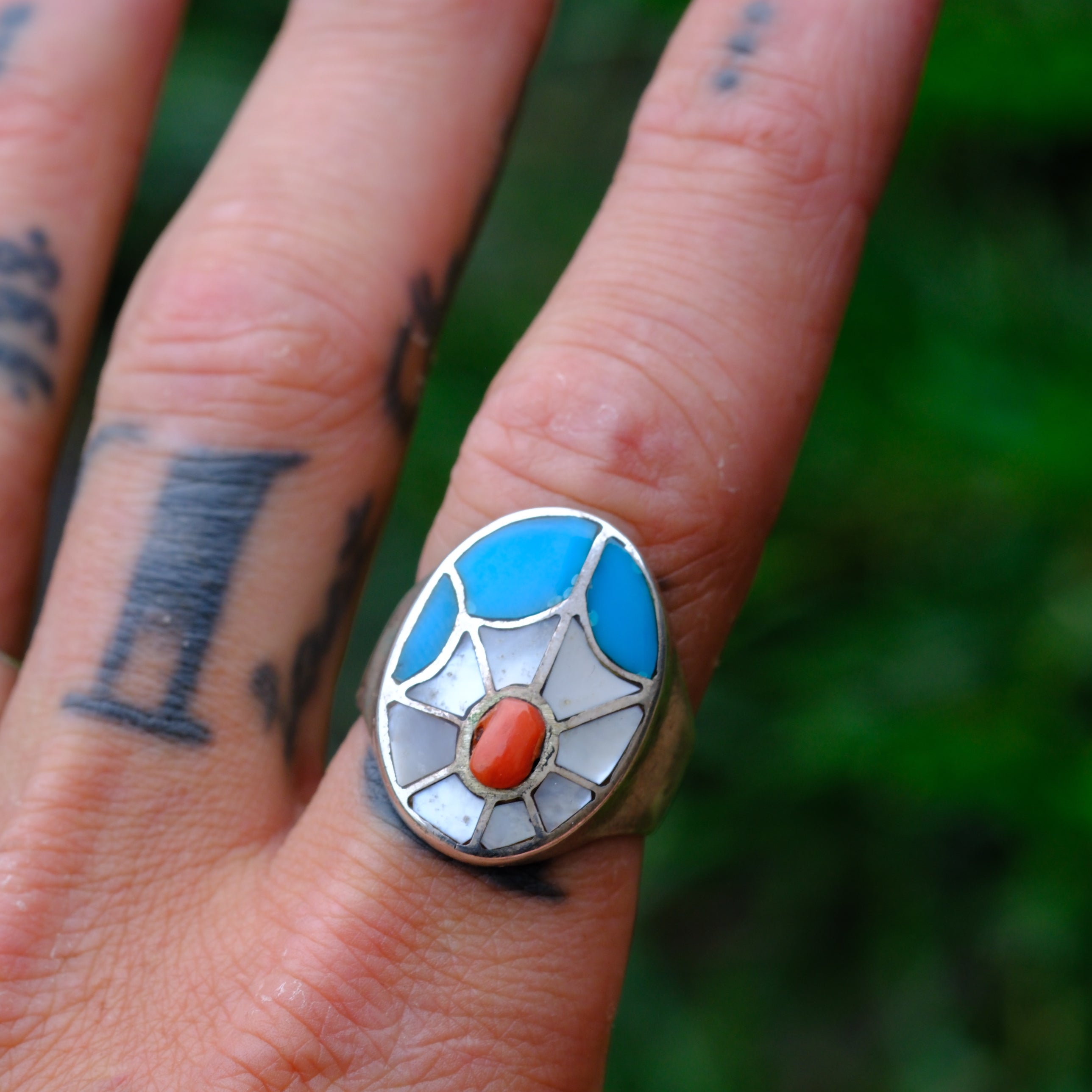 Vintage Sterling Turquoise MOP and Coral Inlay Spiderweb Ring 9.75