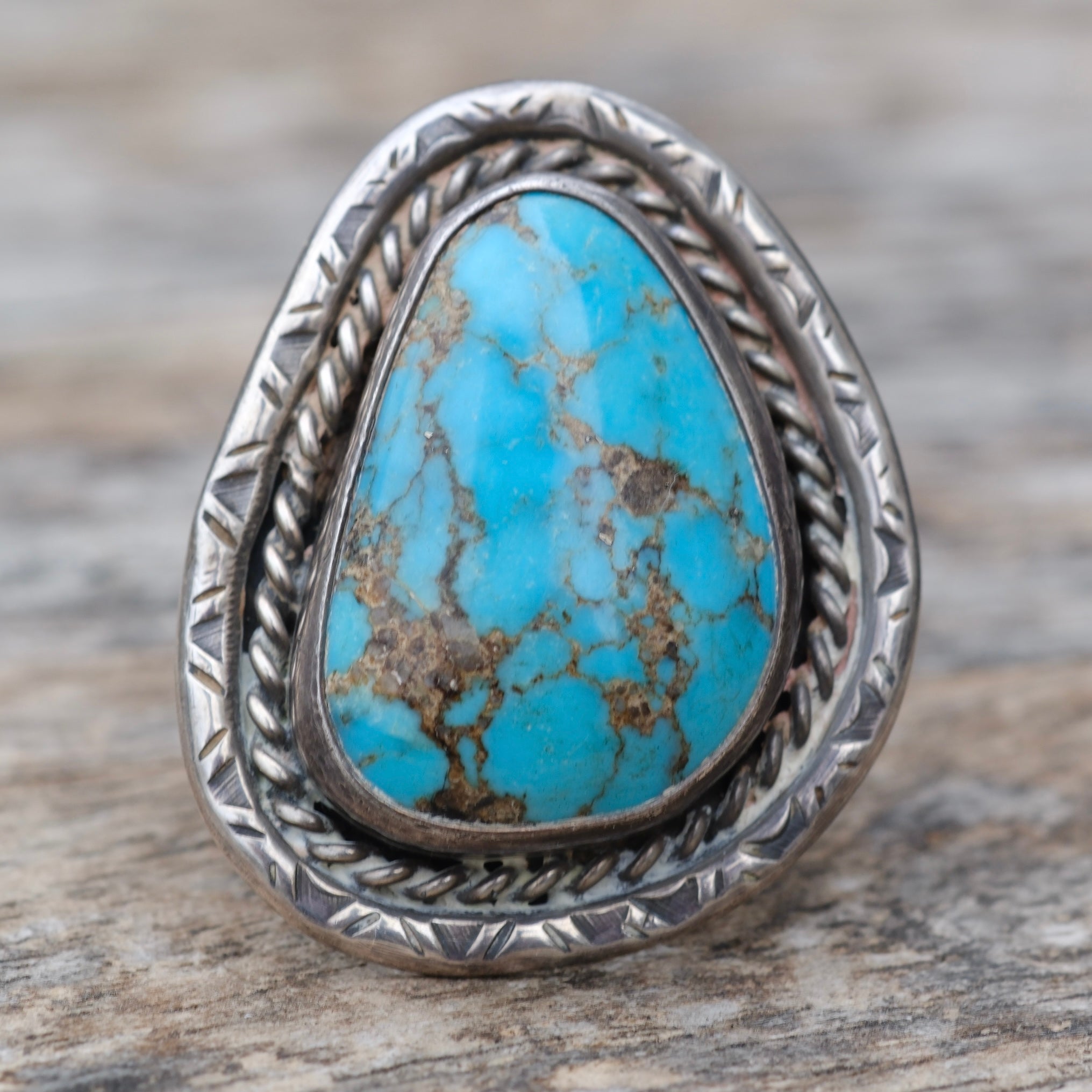 Vintage Sterling Turquoise Roper Ring 12