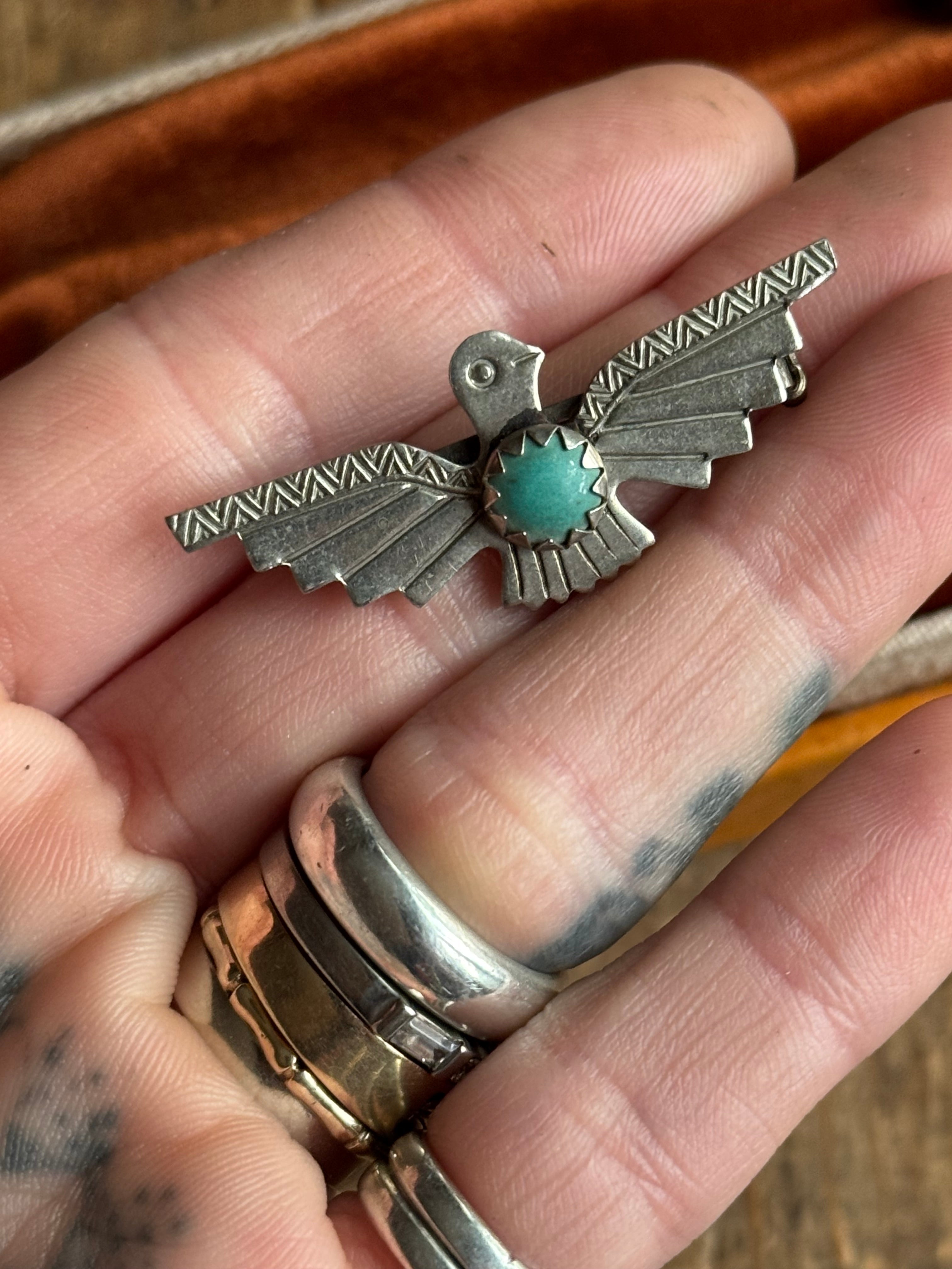 Vintage Sterling Silver Turquoise Thunderbird Pin