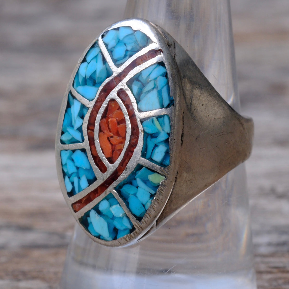 Vintage Sterling Turquoise and Coral Inlay Hummingbird Ring 8.5