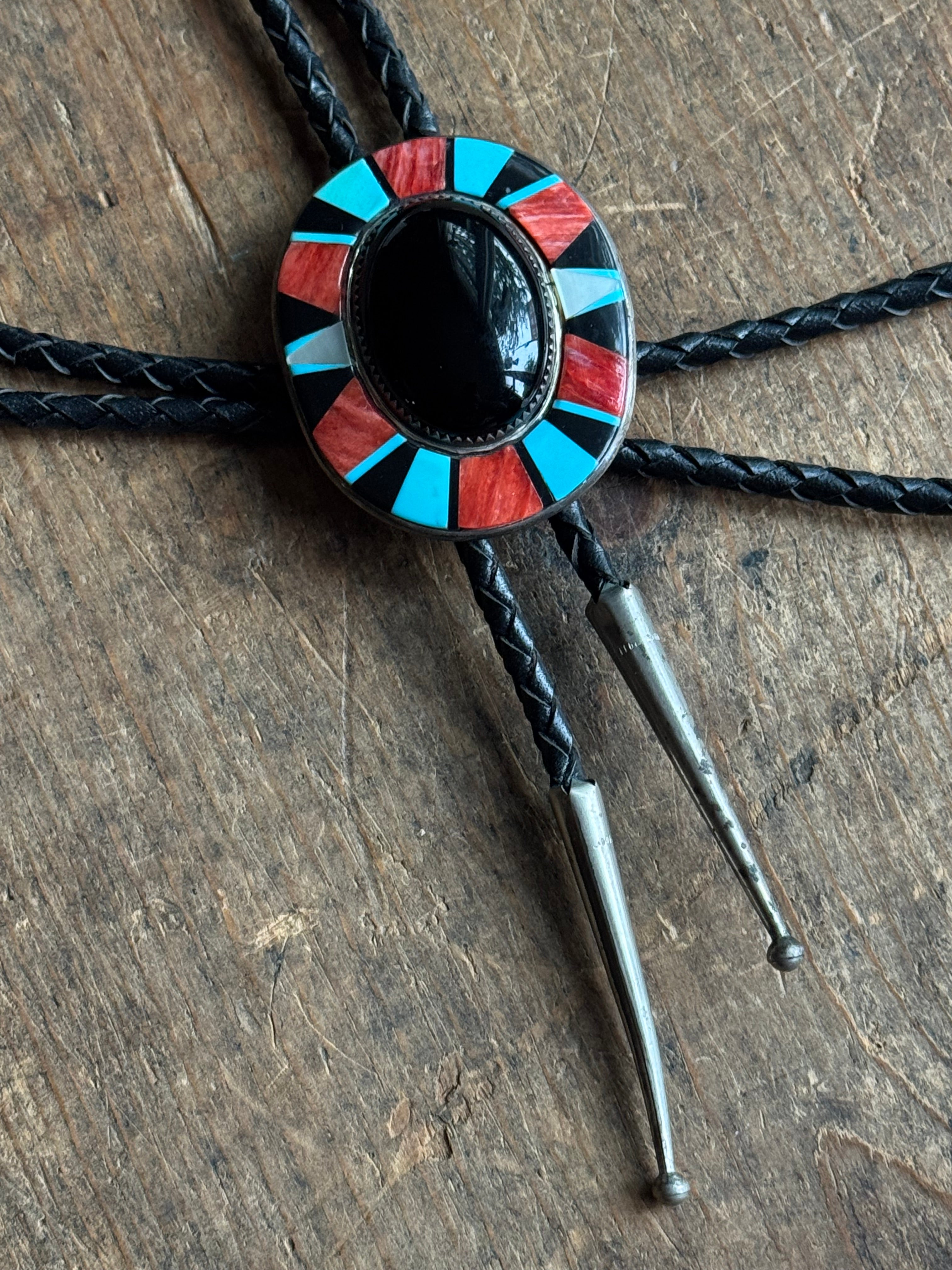 Vintage Sterling Silver Chunky Multistone Inlay Onyx Bolo