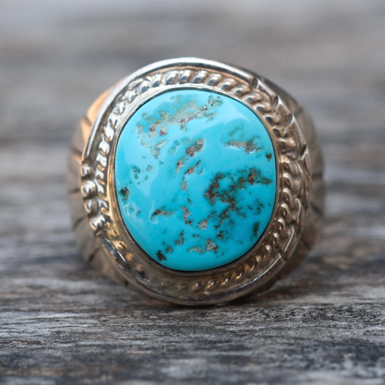 Vintage Sterling Turquoise Ribbed Band Ring 12.25