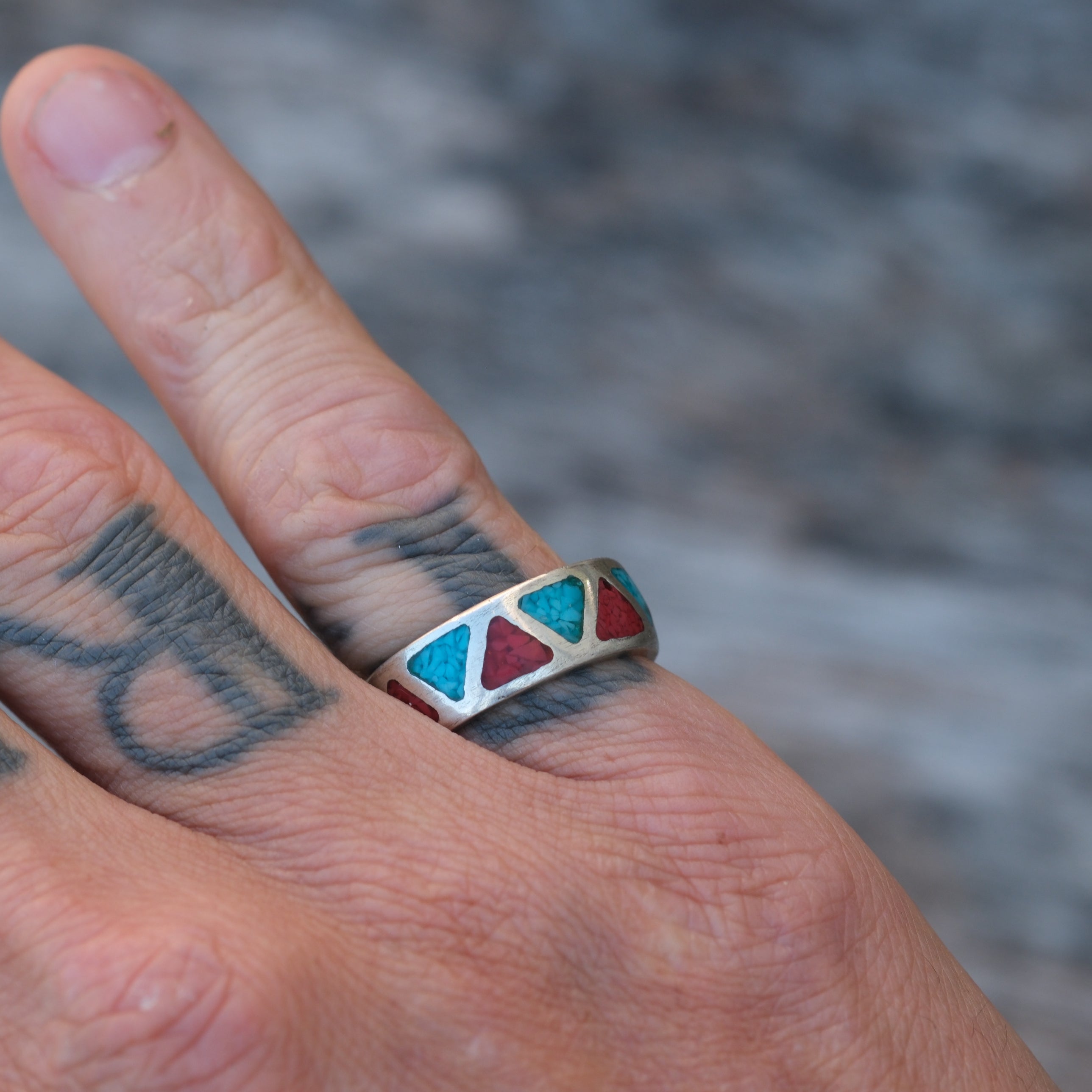 Vintage Sterling Turquoise and Coral Inlay Band 6.75