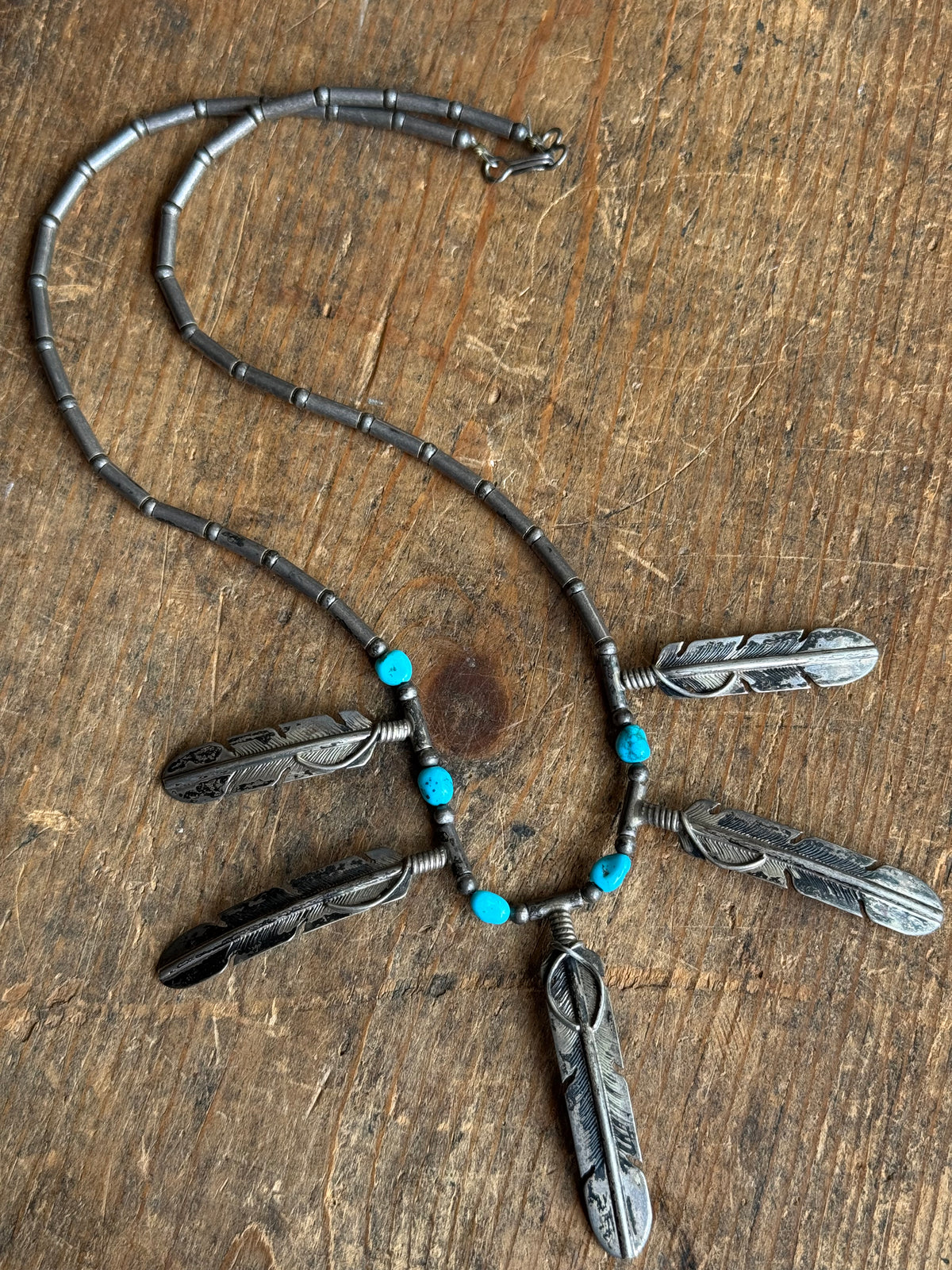 Vintage Sterling Silver Five Feather Turquoise Necklace