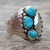 Vintage Sterling 3-Stone Turquoise Ribbed Band Ring 11