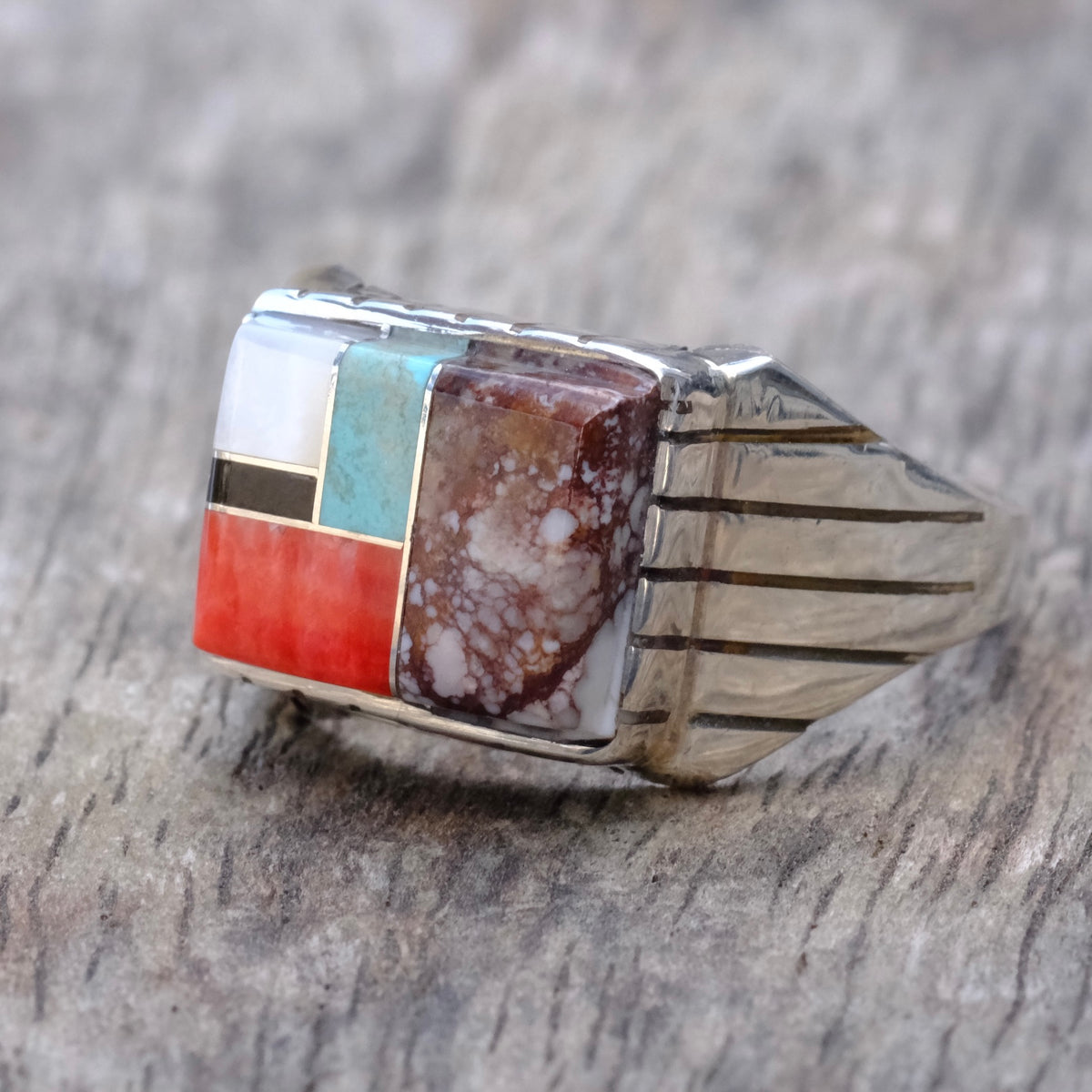 Vintage Sterling Multistone Inlay Ring 13