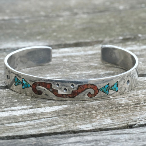 Vintage Sterling Turquoise and Coral Inlay Cuff