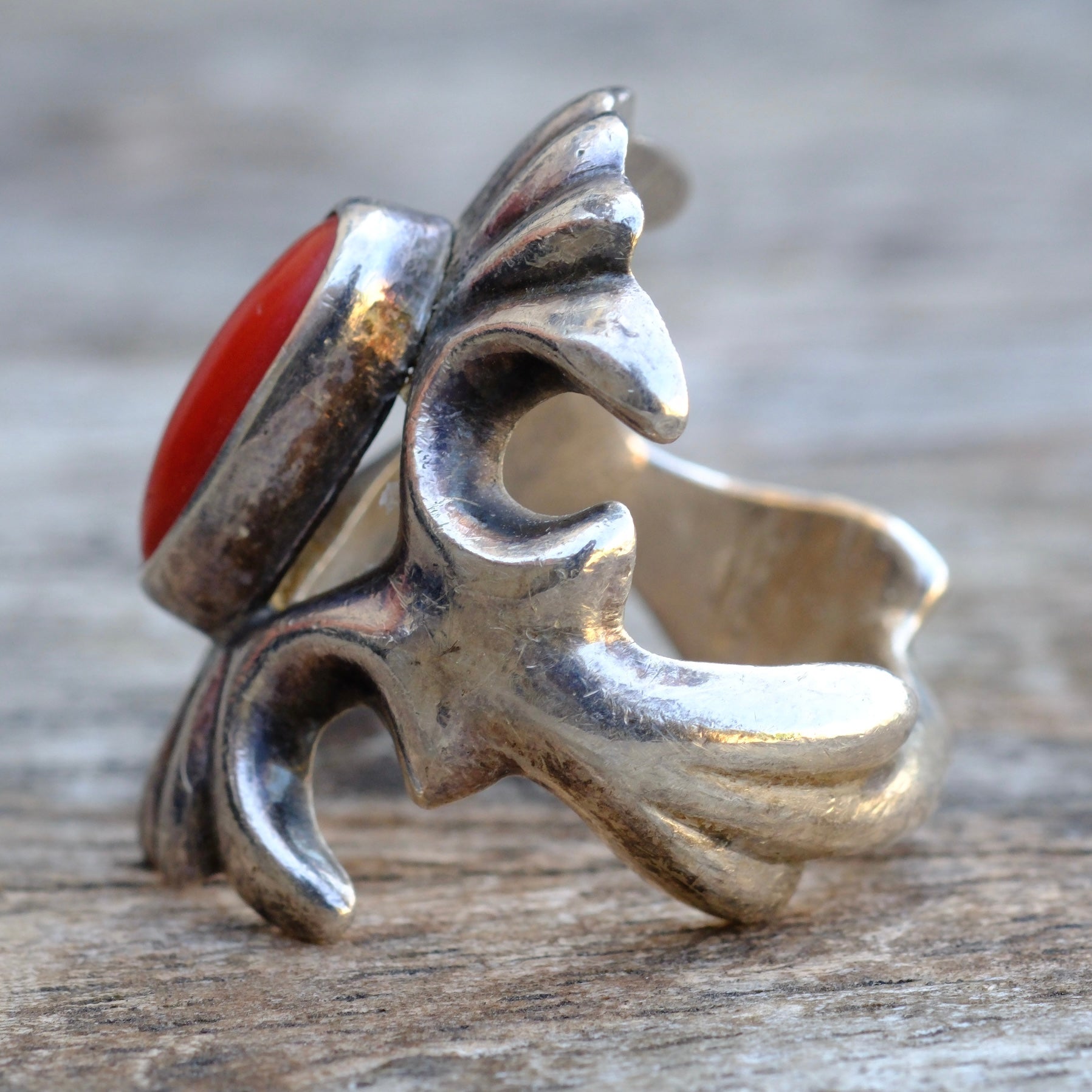 Vintage Sterling Coral Sandcast Ring 5