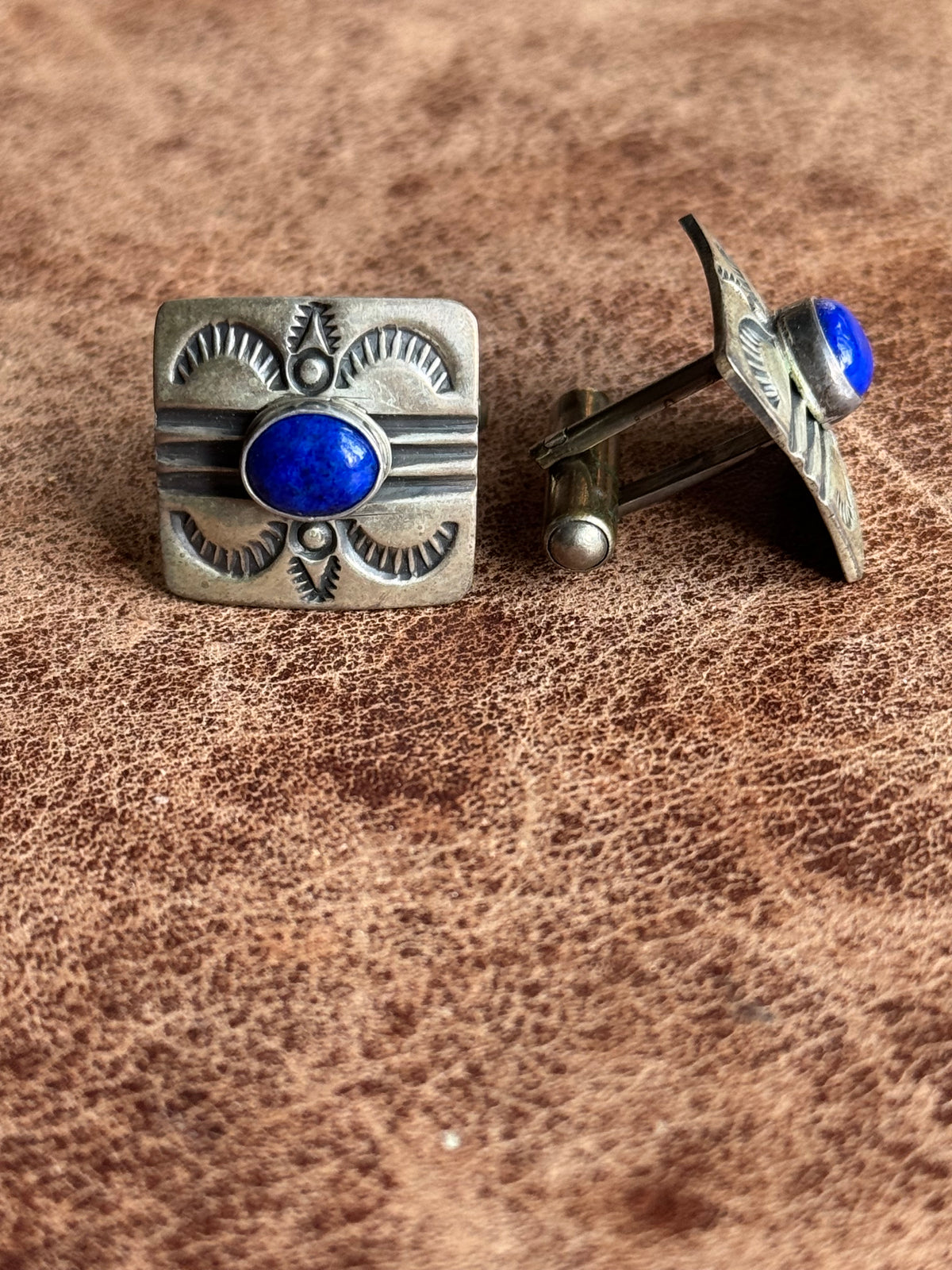 Vintage Sterling Silver Stamped Lapis Square Cufflinks