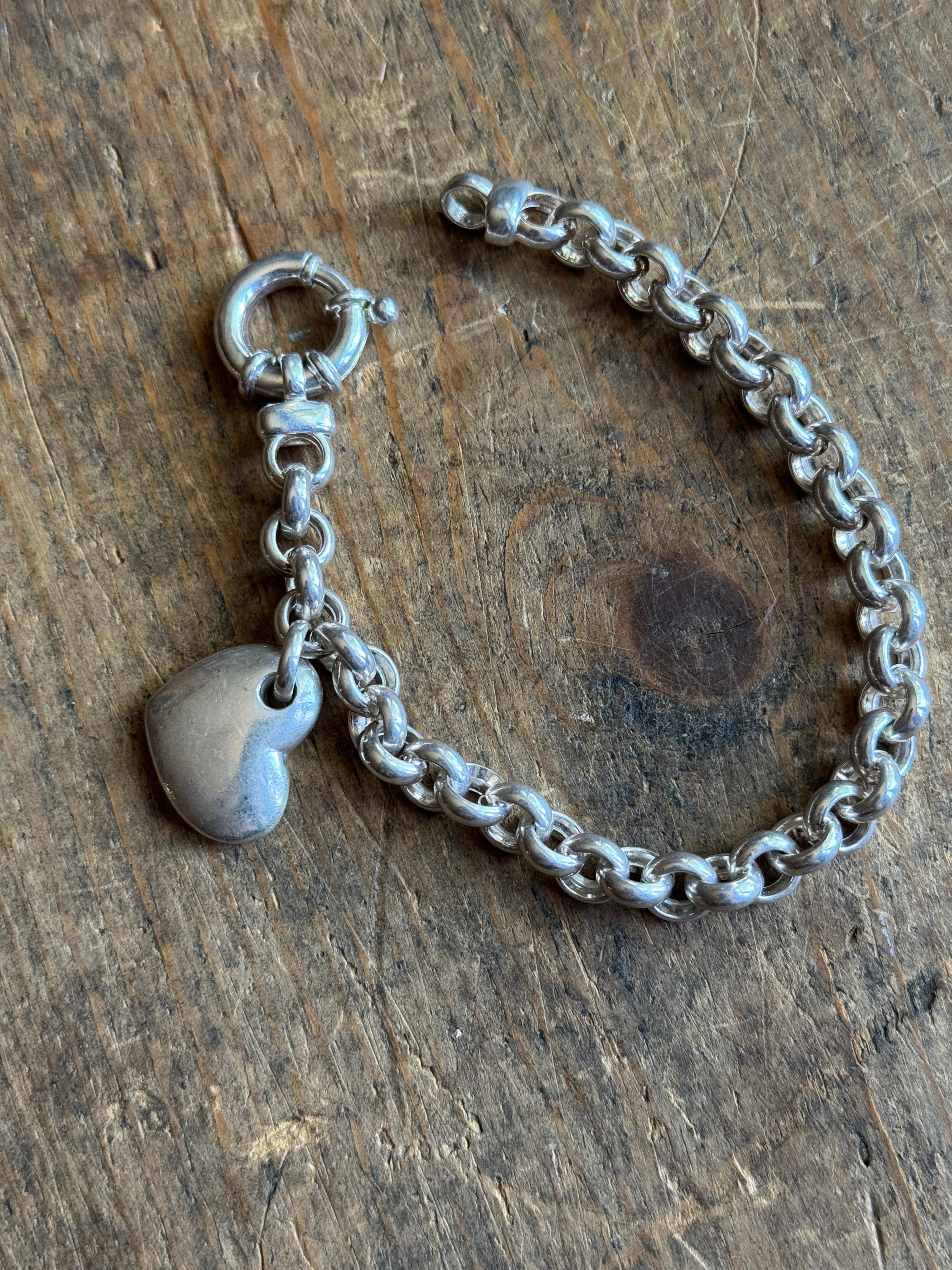 Vintage Sterling Silver Chunky Rolo Heart Charm Bracelet 7.5"