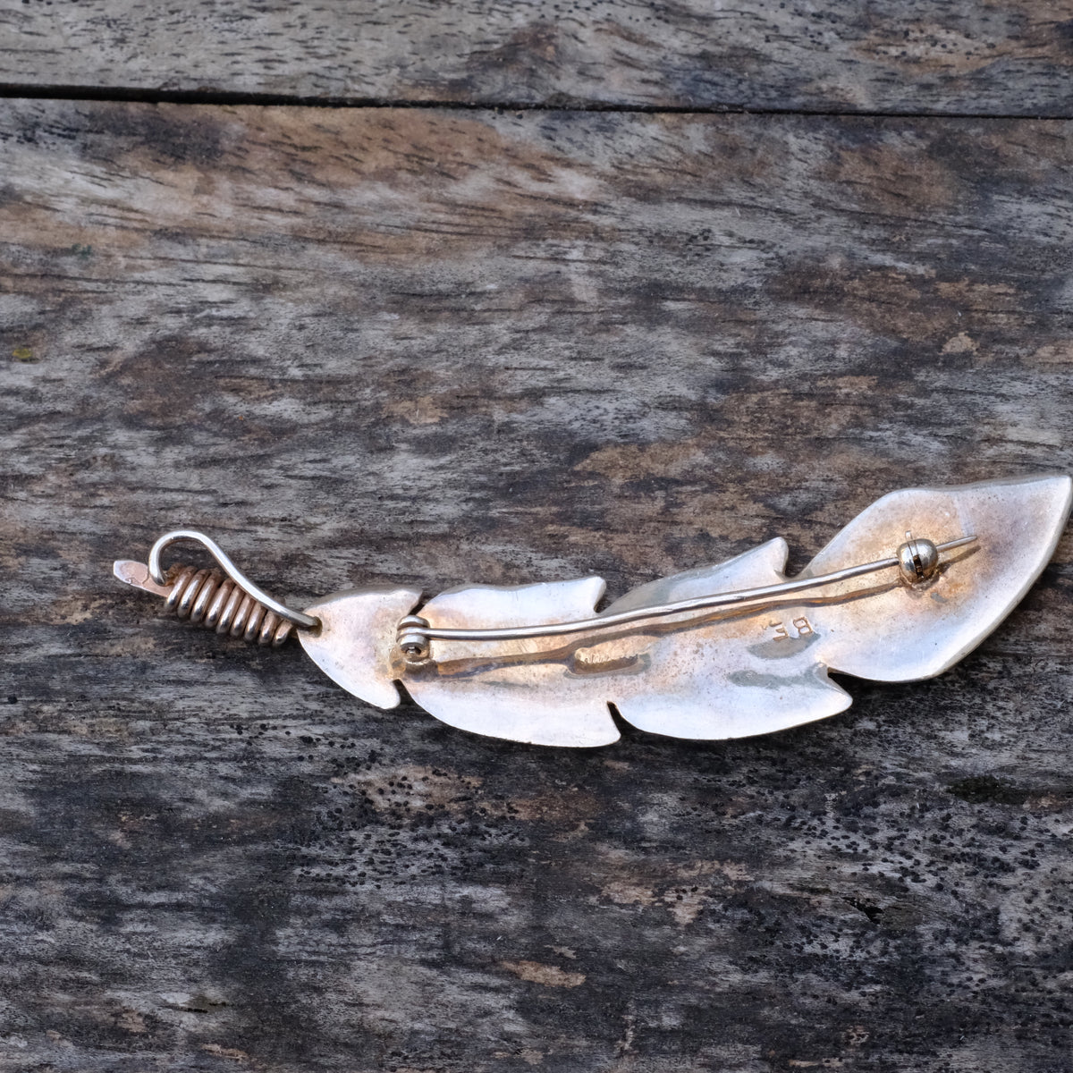 HUGE Vintage Sterling Onyx and Opalite Inlay Feather Pin