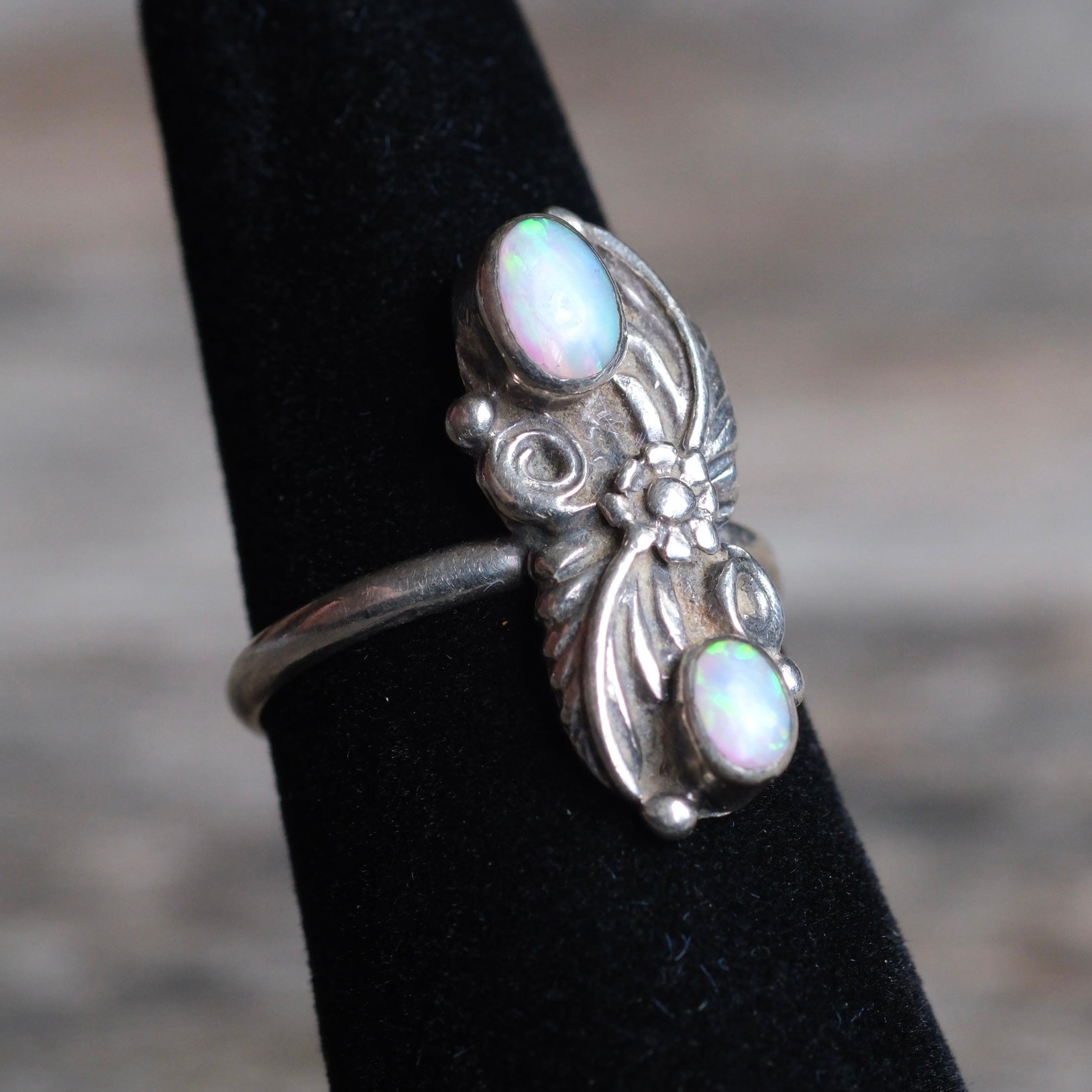Vintage Sterling 2-Stone Opalite Feather Ring 5.5
