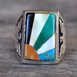 Vintage Sterling Multi Stone Sunrise Inlay Thunderbird Ring 8