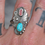 Vintage Sterling Turquoise and Coral Feather Ring 8.5