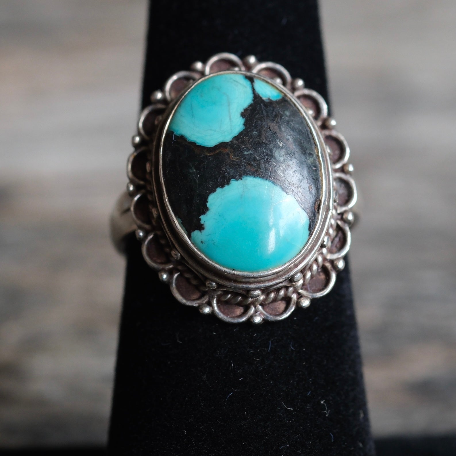 Vintage Sterling Turquoise Florette Ring 6.25