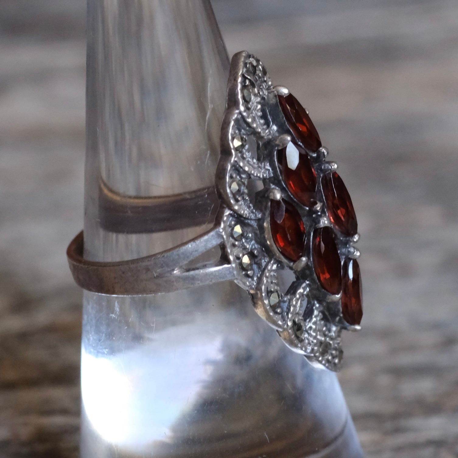 Vintage Sterling Red Glass Marcasite Ring 6.5