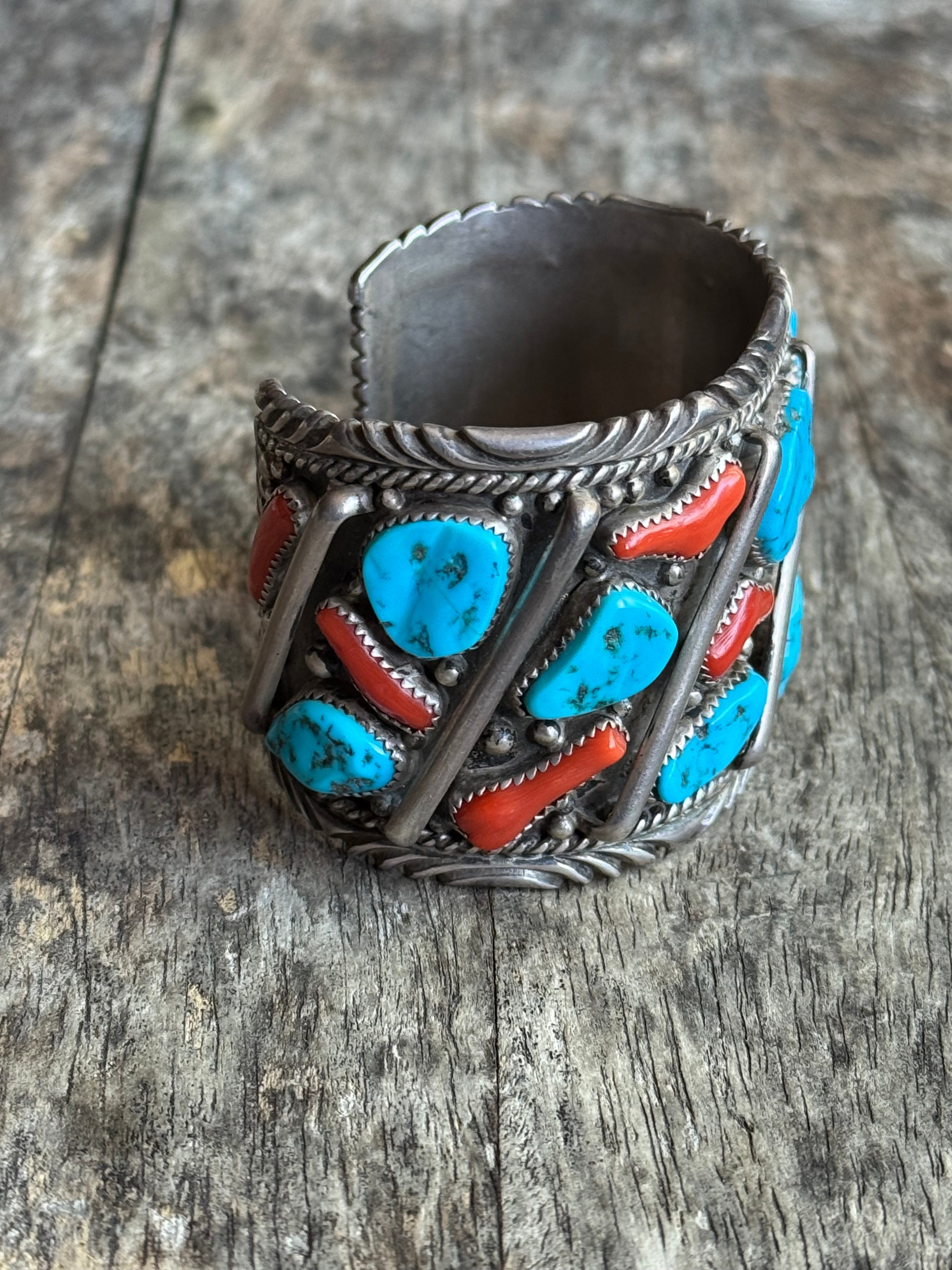 Vintage Sterling Silver Heavy Turquoise & Coral Roped Bar Cuff