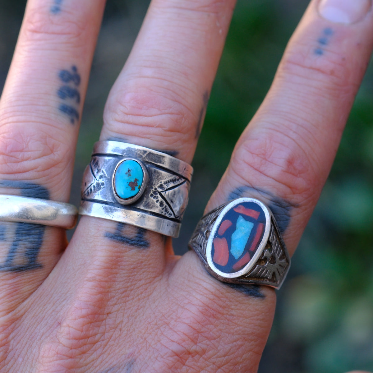 Vintage Sterling Turquoise and Coral Chip Thunderbird Ring 9.5